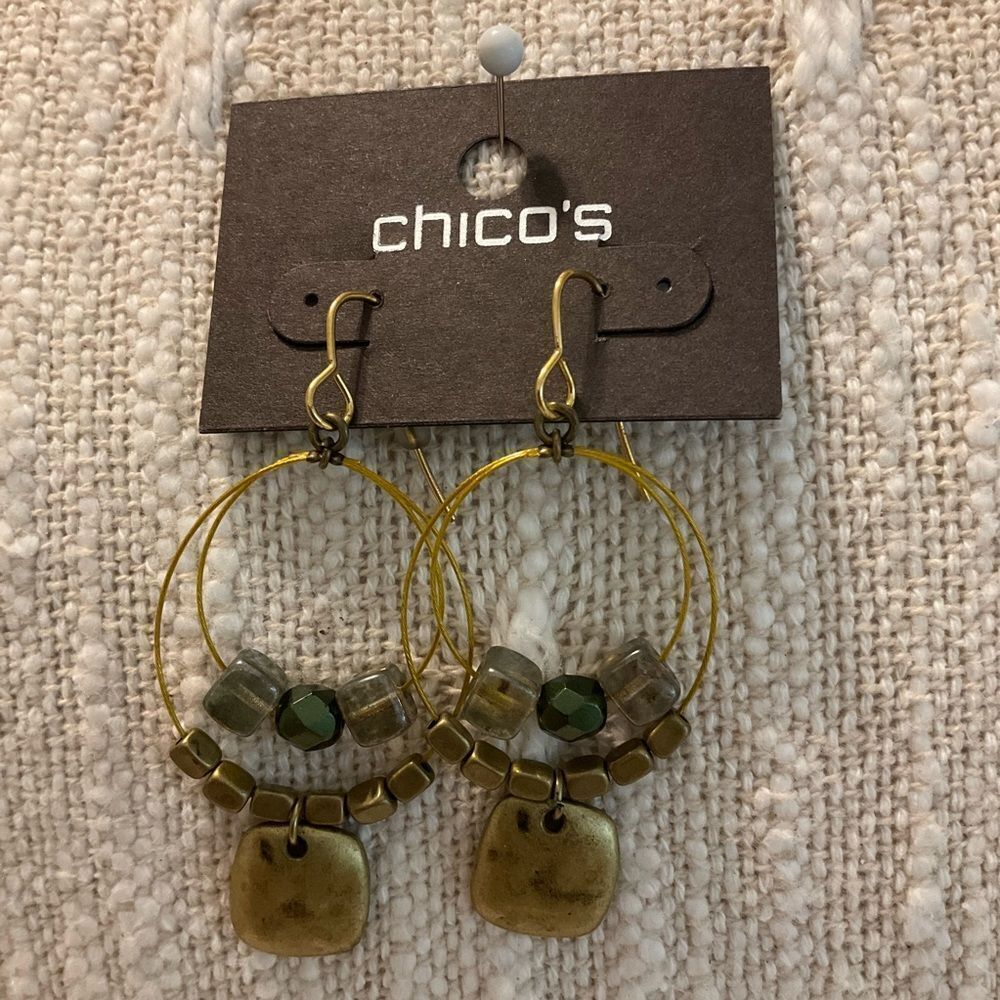 0215-Chico's Gold‎ and Green Beaded Hoop Earrings